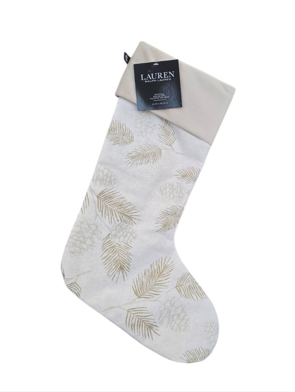 Ralph Lauren Beige Gold Pinecone Print Holiday Christmas Stocking